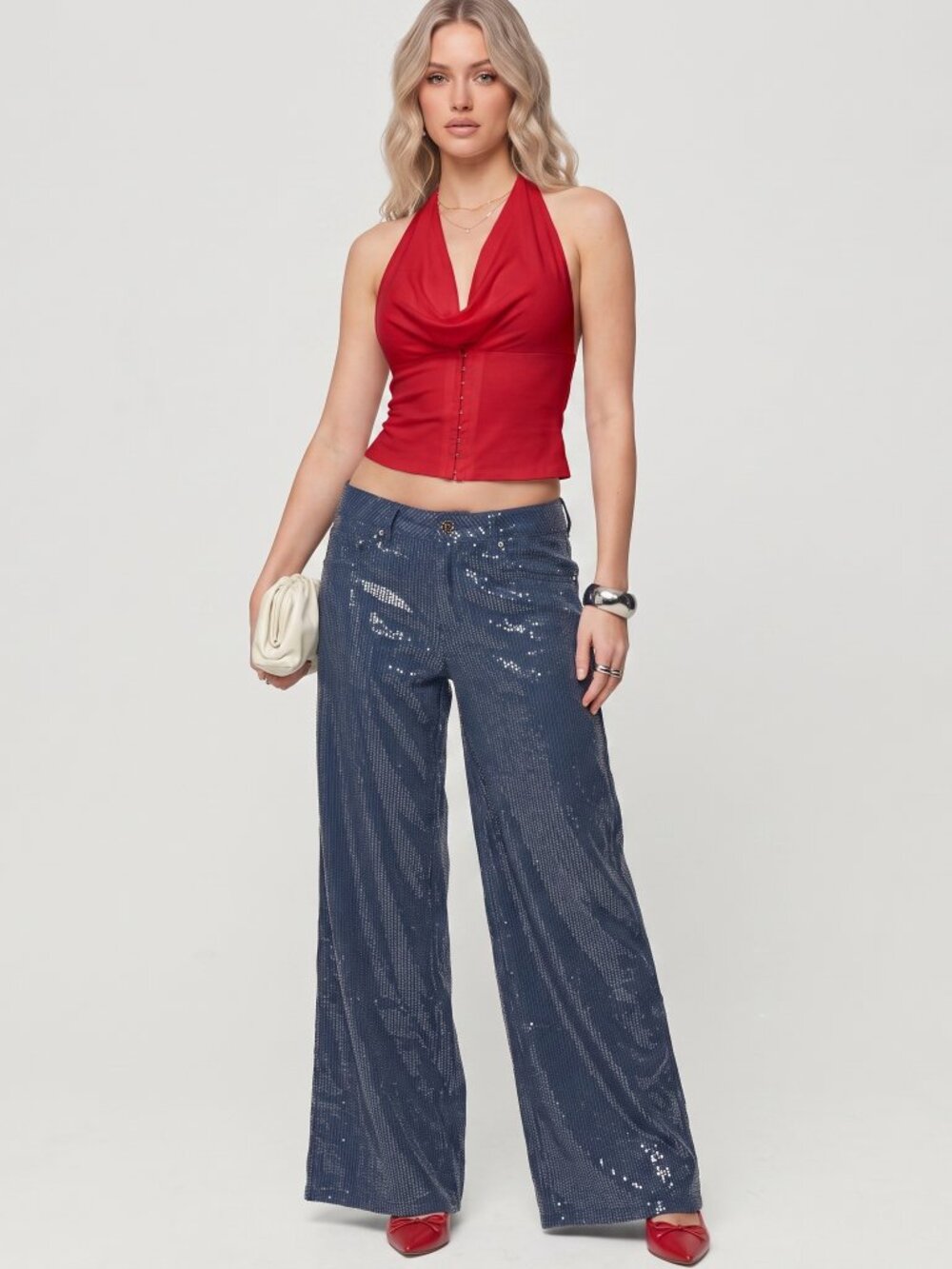 Edikted Mirella Sequin Low Rise Baggy Jeans Wide Leg Dark Blue Denim Size L